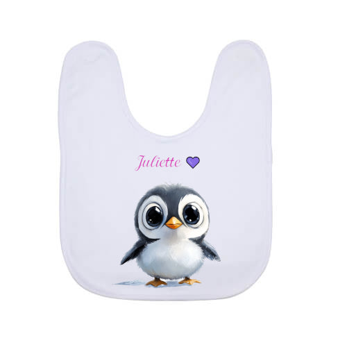 Bavoir blanc avec le dessin d'un bébé pingouin de face