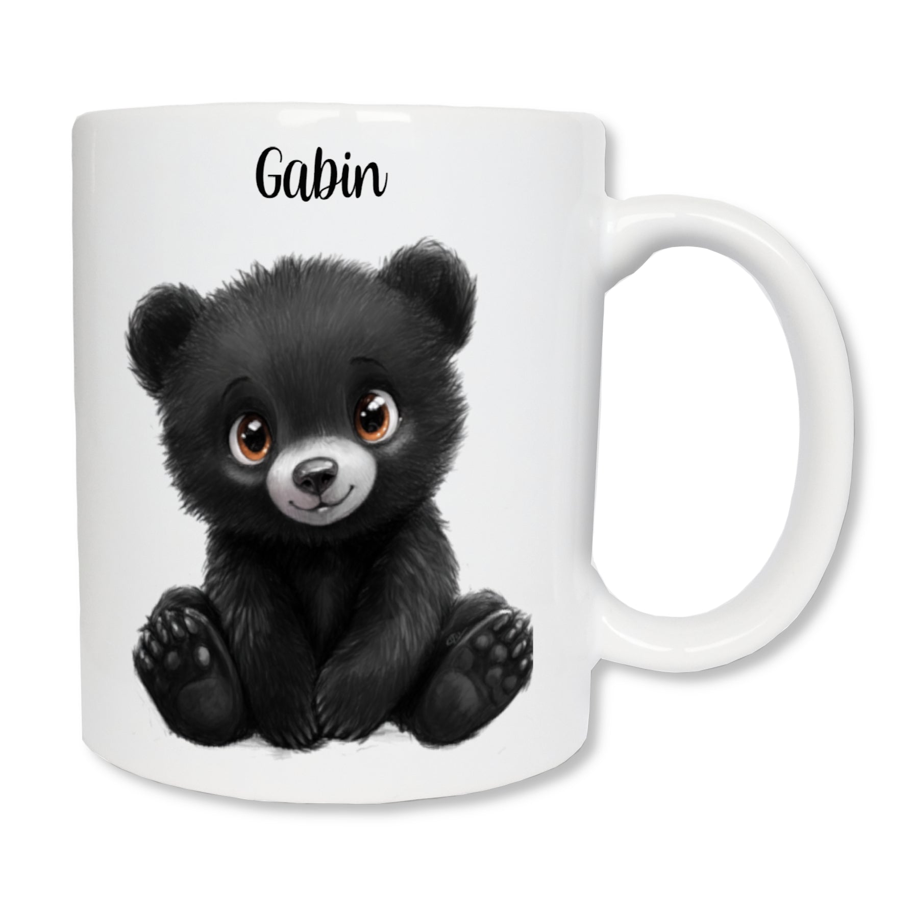 Mug blanc en céramique avec un dessin représentant un ourson noir assit de face