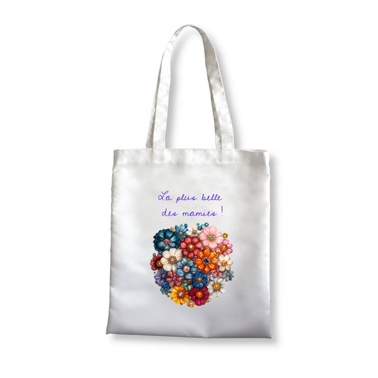 Totebag blanc avec le dessin d'un bouquet de fleurs colorés et des diamants