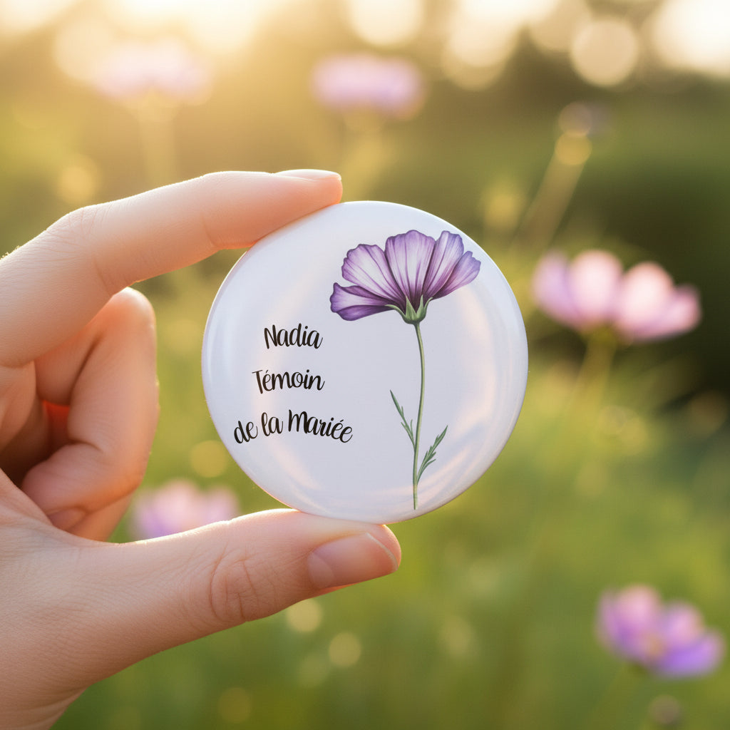 Badge épingle personnalisé invités mariage avec prénoms – accessoire cérémonie mariage