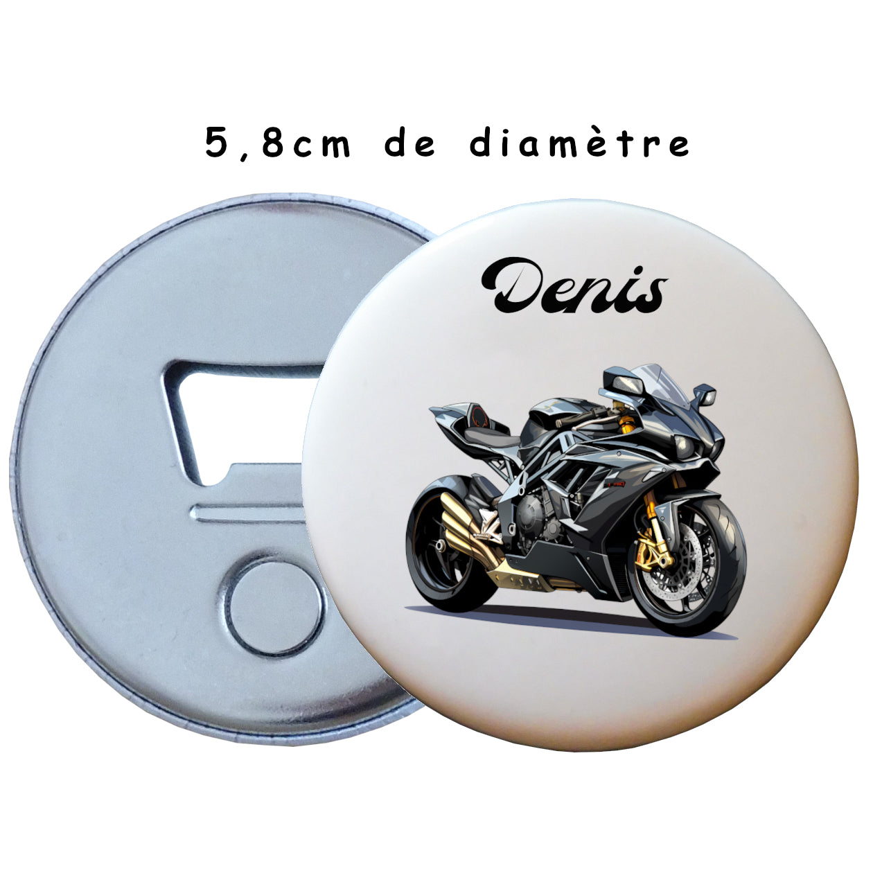 Badge personnalisé magnétique et décapsuleur motard