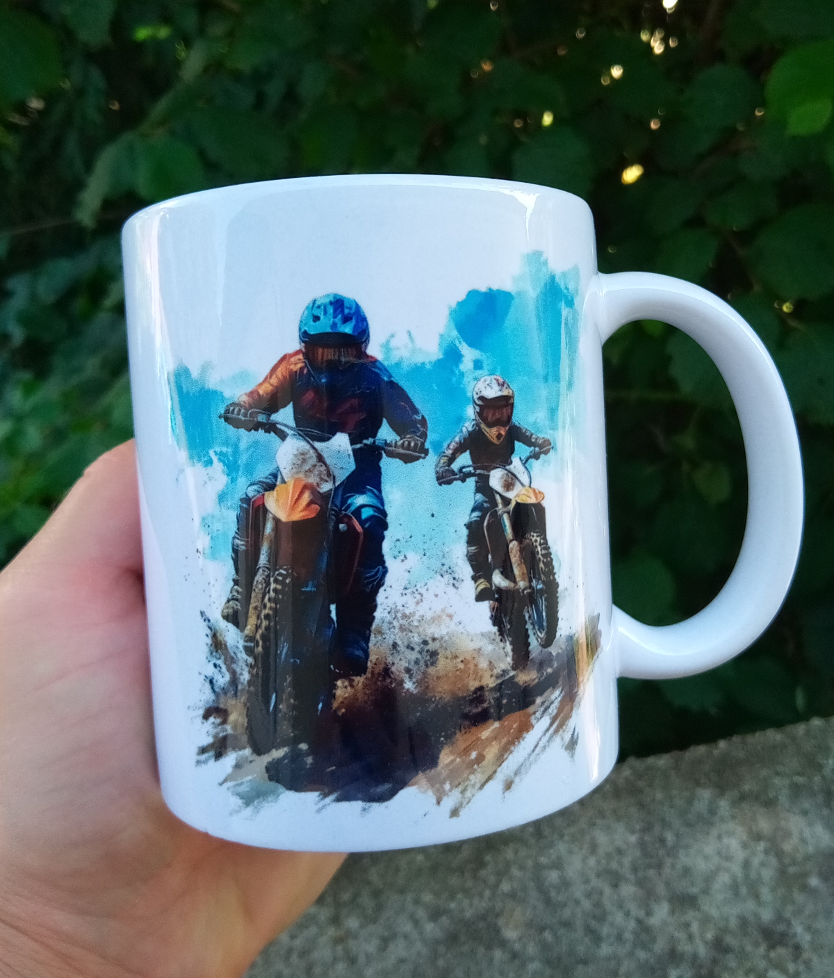 Mug personnalisé papa motard et enfant + texte au verso