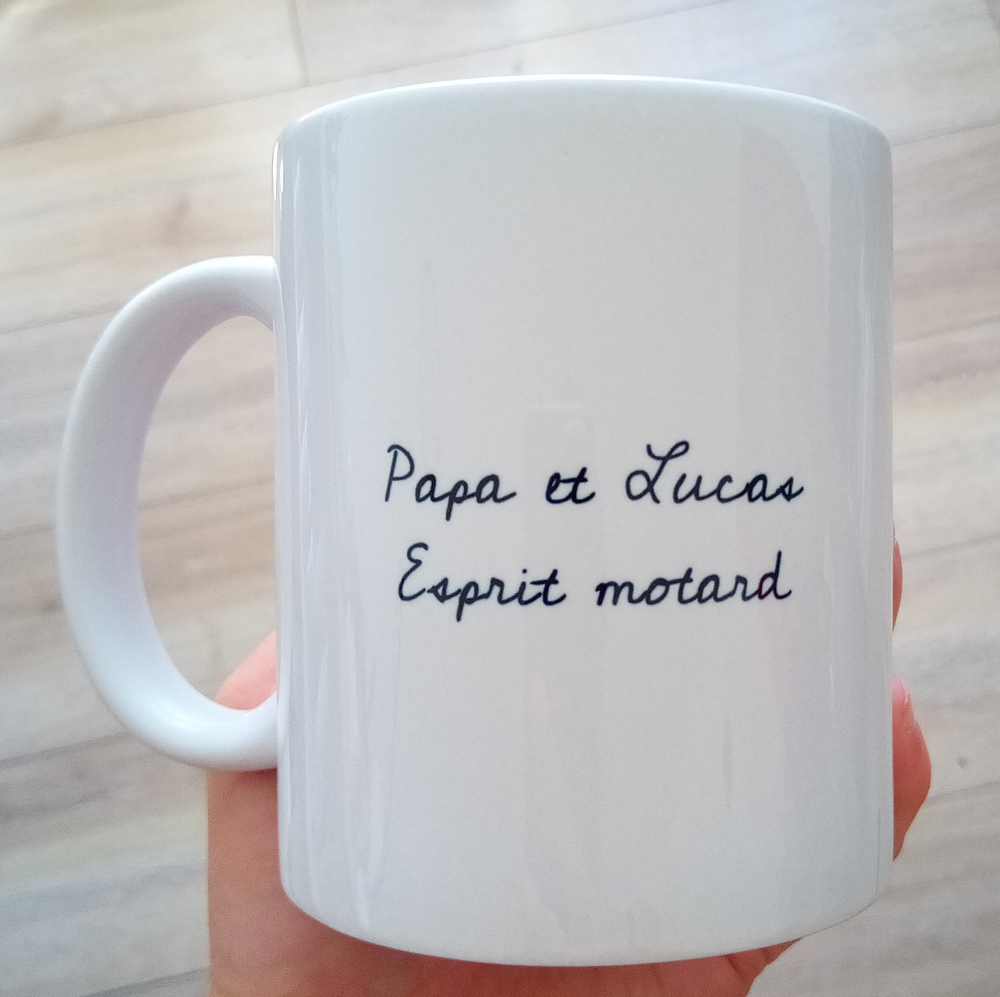 Mug personnalisé papa motard et enfant + texte au verso