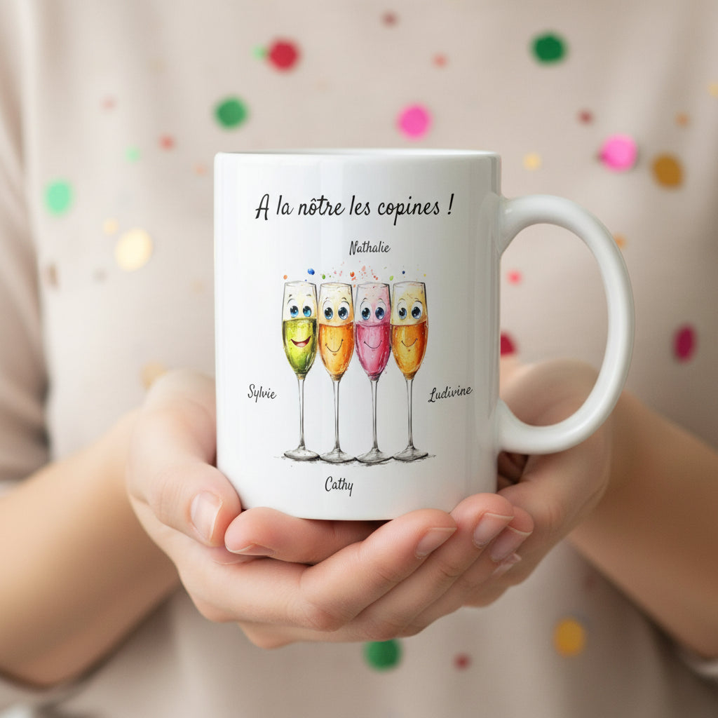 Tasse personnalisée pour 4 amies, avec leurs prénoms et un petit message - Motif avec 4 verres- Cadeau pour amies