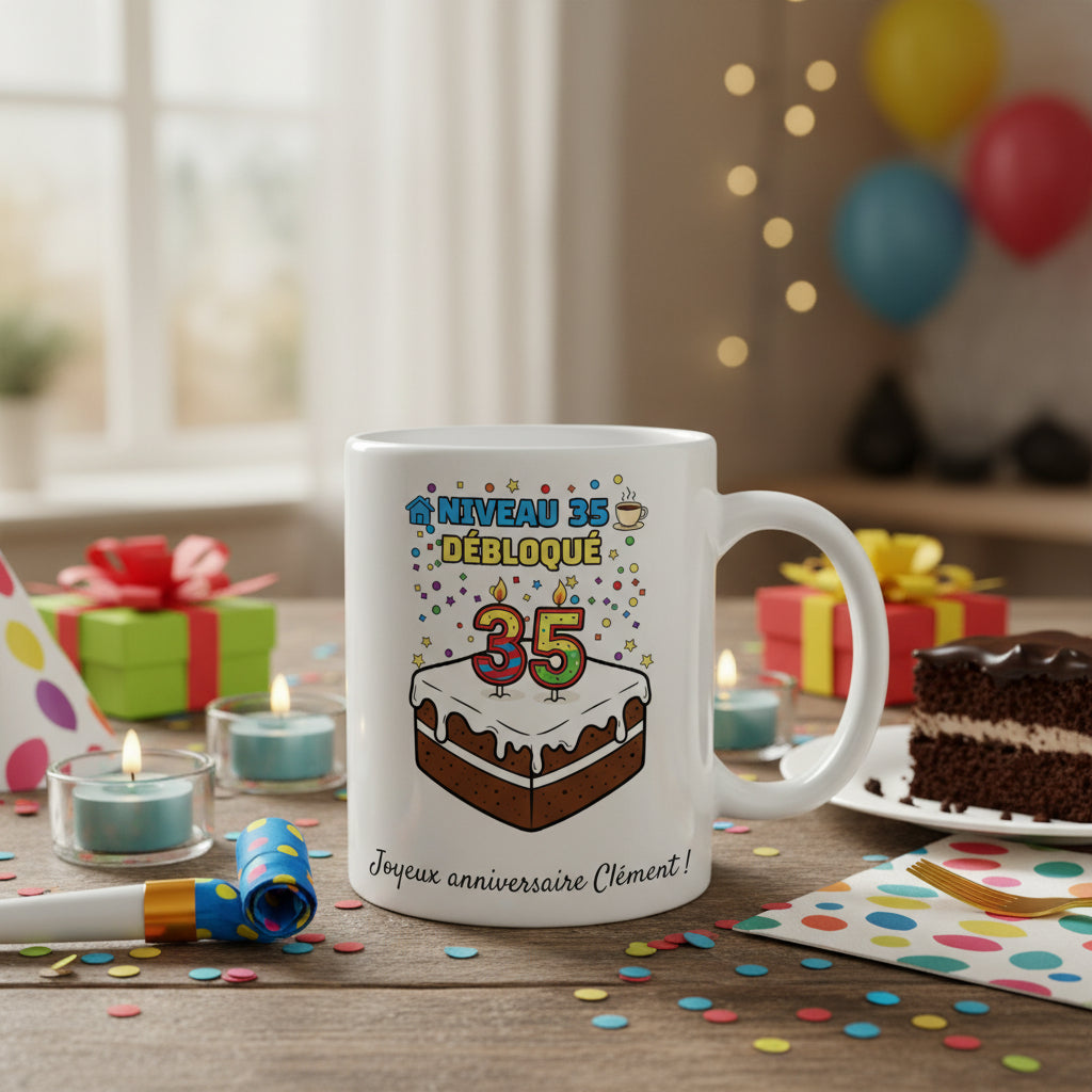 Mug personnalisé 35 ans posé sur une table festive avec cadeaux, bougies et part de gâteau au chocolat, illustration "Niveau 35 débloqué"