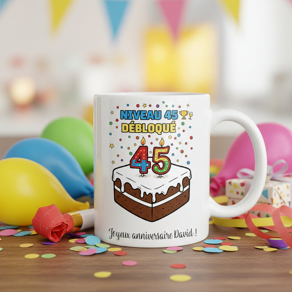 Mug Gâteau 45 ans : Mug gâteau joyeux anniversaire 45 ans - cadeau anniversaire original personnalisé