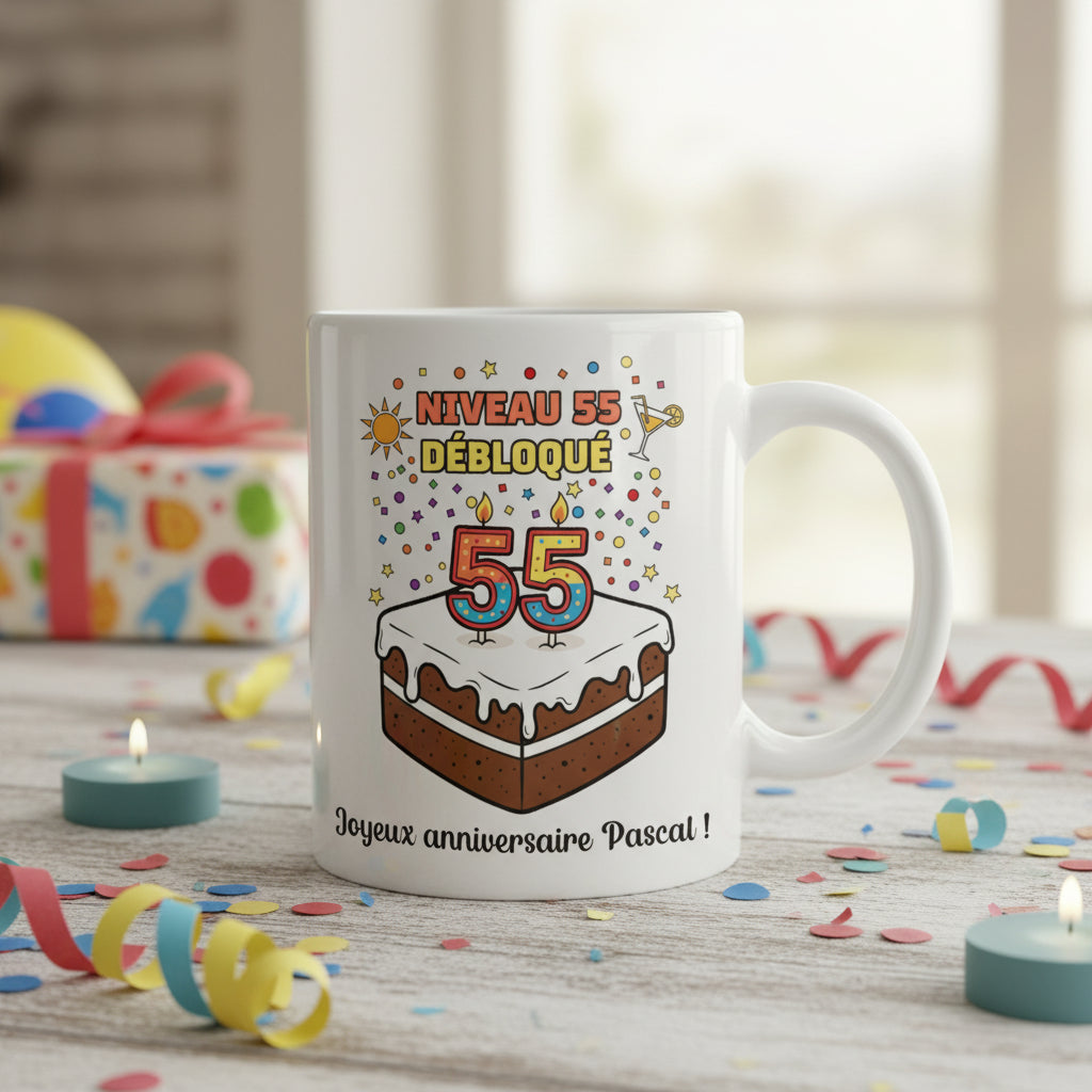 Mug personnalisé 55 ans posé sur une table avec bougies chauffe-plats et serpentins colorés, illustration gâteau et "Niveau 55 débloqué"