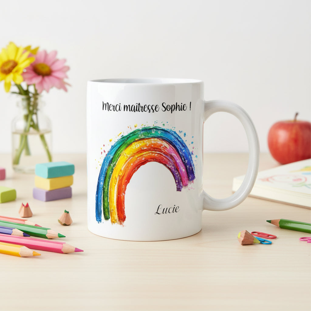 Mug arc en ciel personnalisé merci maîtresse avec prénom – cadeau institutrice école primaire