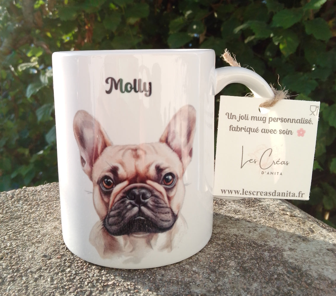 Mug personnalisé céramique avec tête bouledogue français de face et nom - Cadeau anniversaire