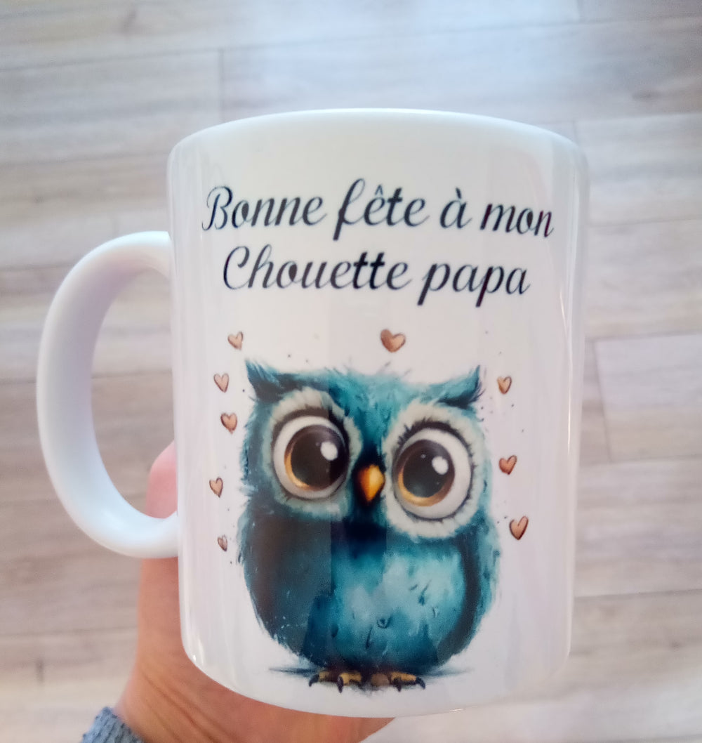 Mug blanc personnalisé de 325 ml avec une chouette - Cadeau pour papa - Fête des pères