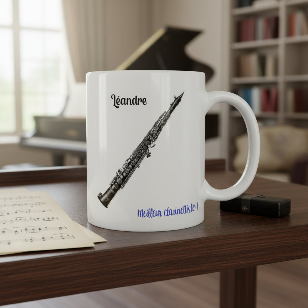 Tasse personnalisée céramique avec clarinette, prénom et petit texte- Cadeau anniversaire clarinettiste