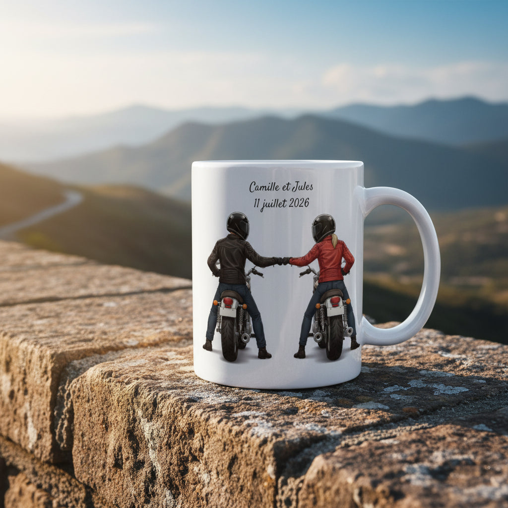 Tasse personnalisée céramique 325 ml avec couple de motards de dos - Cadeau de Noël bikeurs