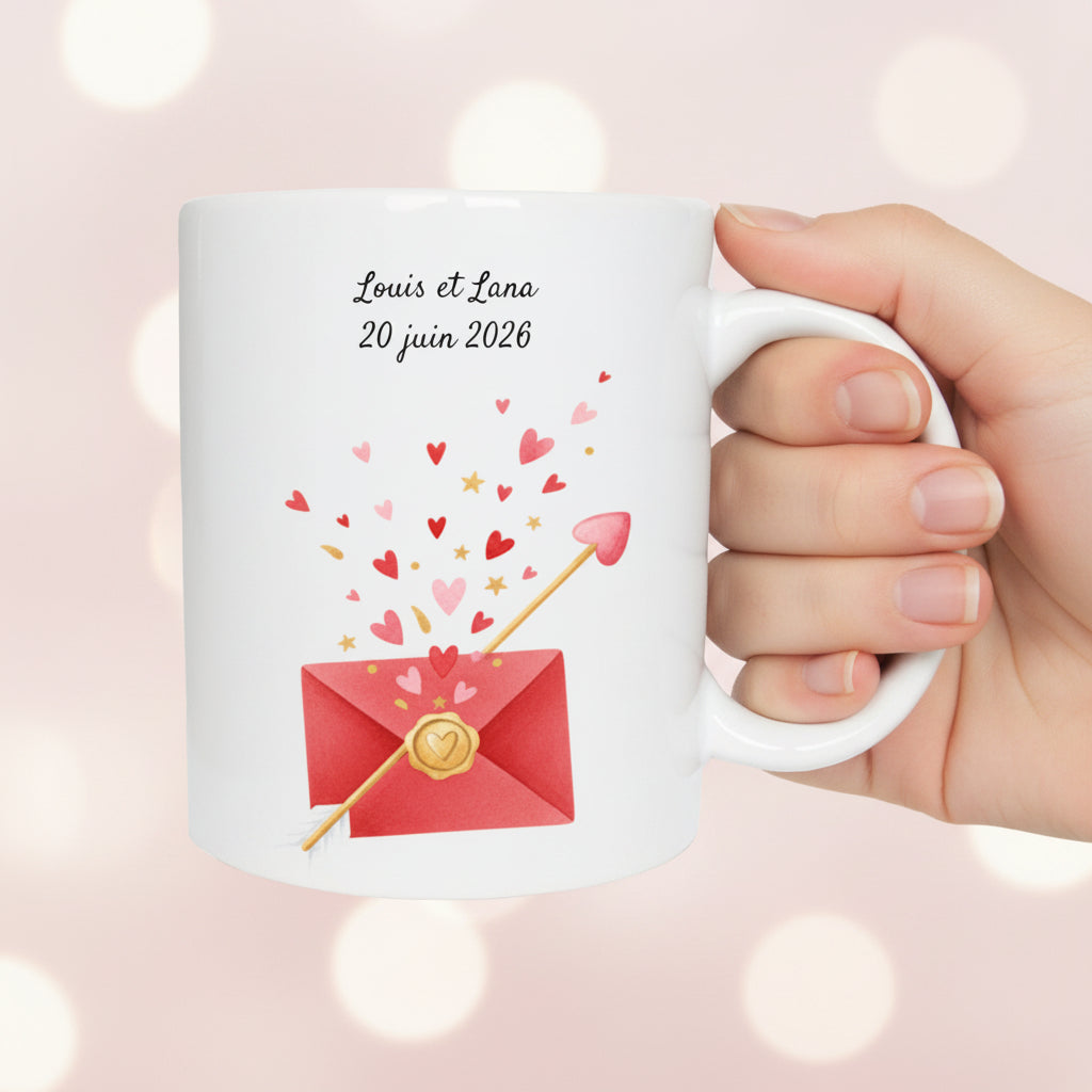 Mug amoureux personnalisé enveloppe et flèche – idée cadeau couple romantique