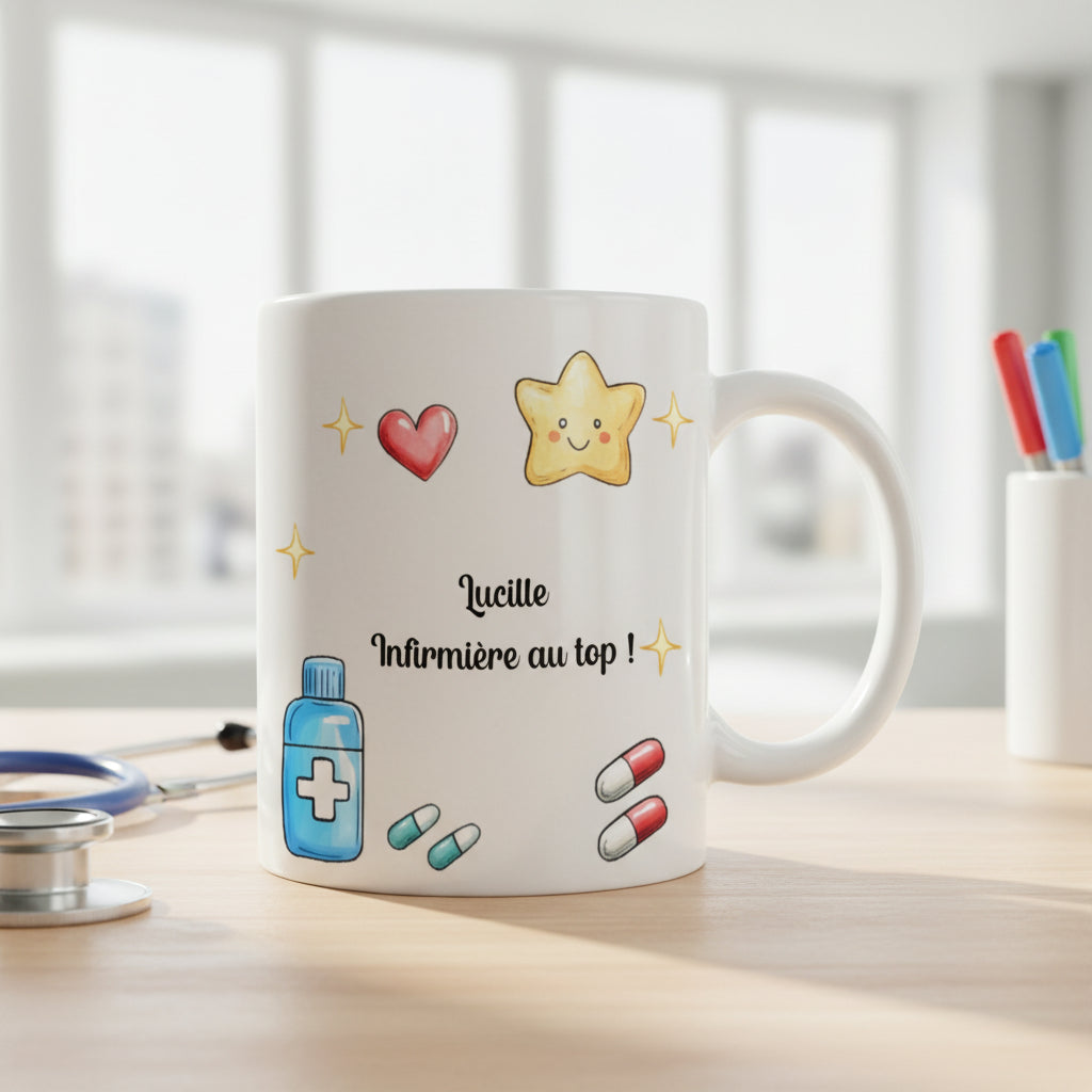 Mug personnalisé céramique avec accessoires médicaux et texte - Cadeau aide-soignante ou infirmière