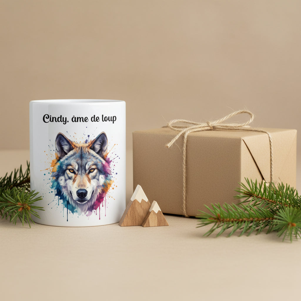 Mug personnalisé tête de loup présenté comme cadeau avec décoration nature