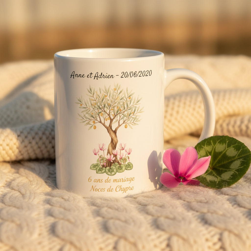 Mug noces de chypre personnalisé mise en situation - idée cadeau 6 ans mariage