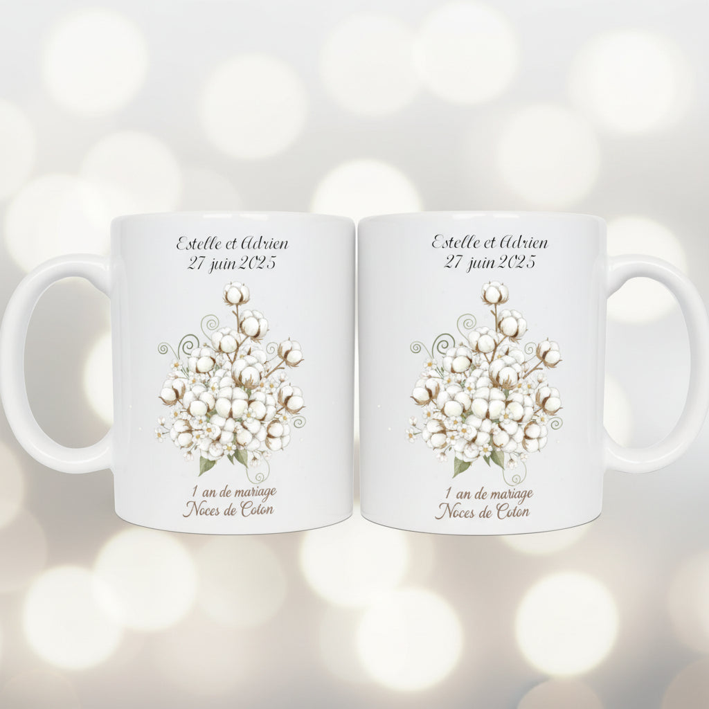 Mug noces de coton personnalisé avec prénoms - idée cadeau 1 an mariage