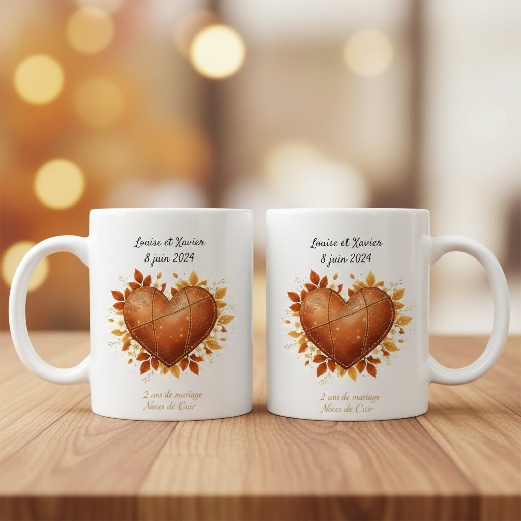 Duo de mugs personnalisés Noces de Cuir 2 ans de mariage