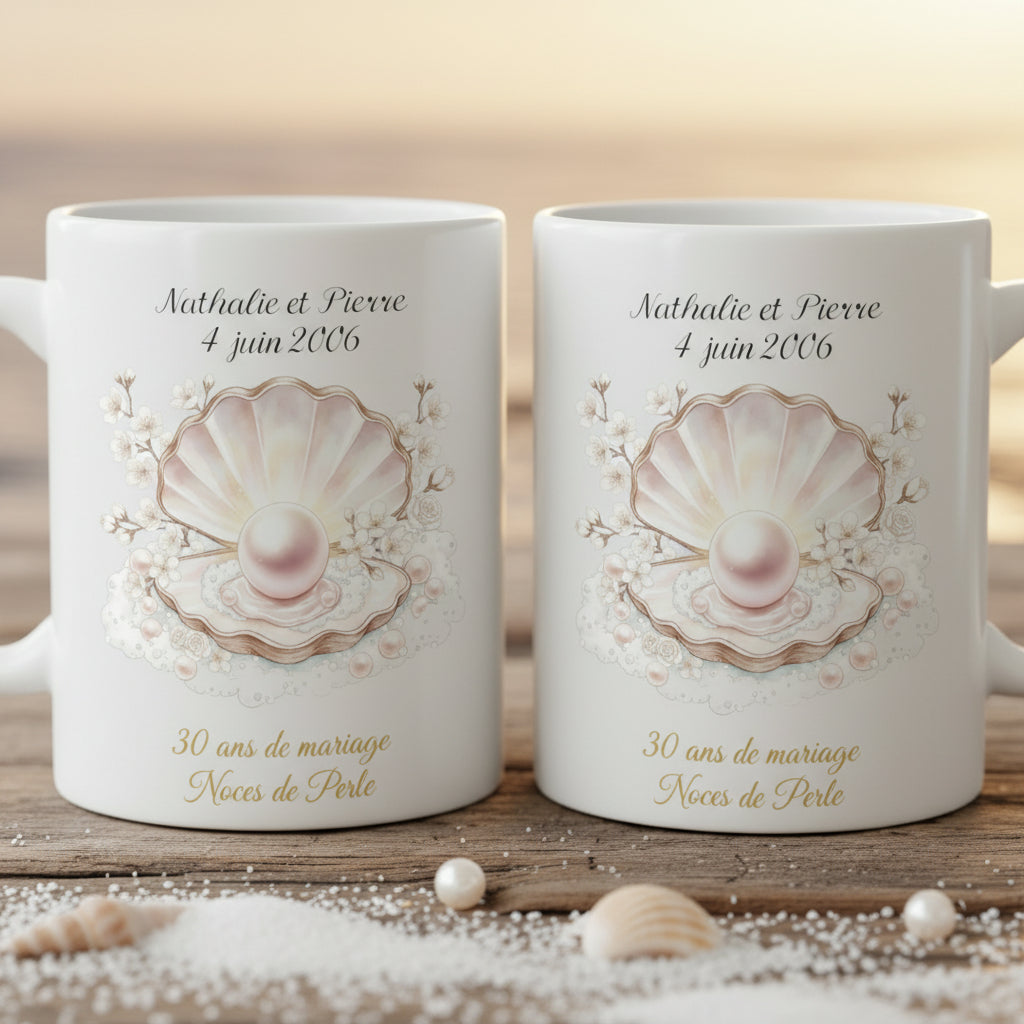 Mug personnalisé 30 ans de mariage noces de perle avec prénoms - cadeau couple - Céramique
