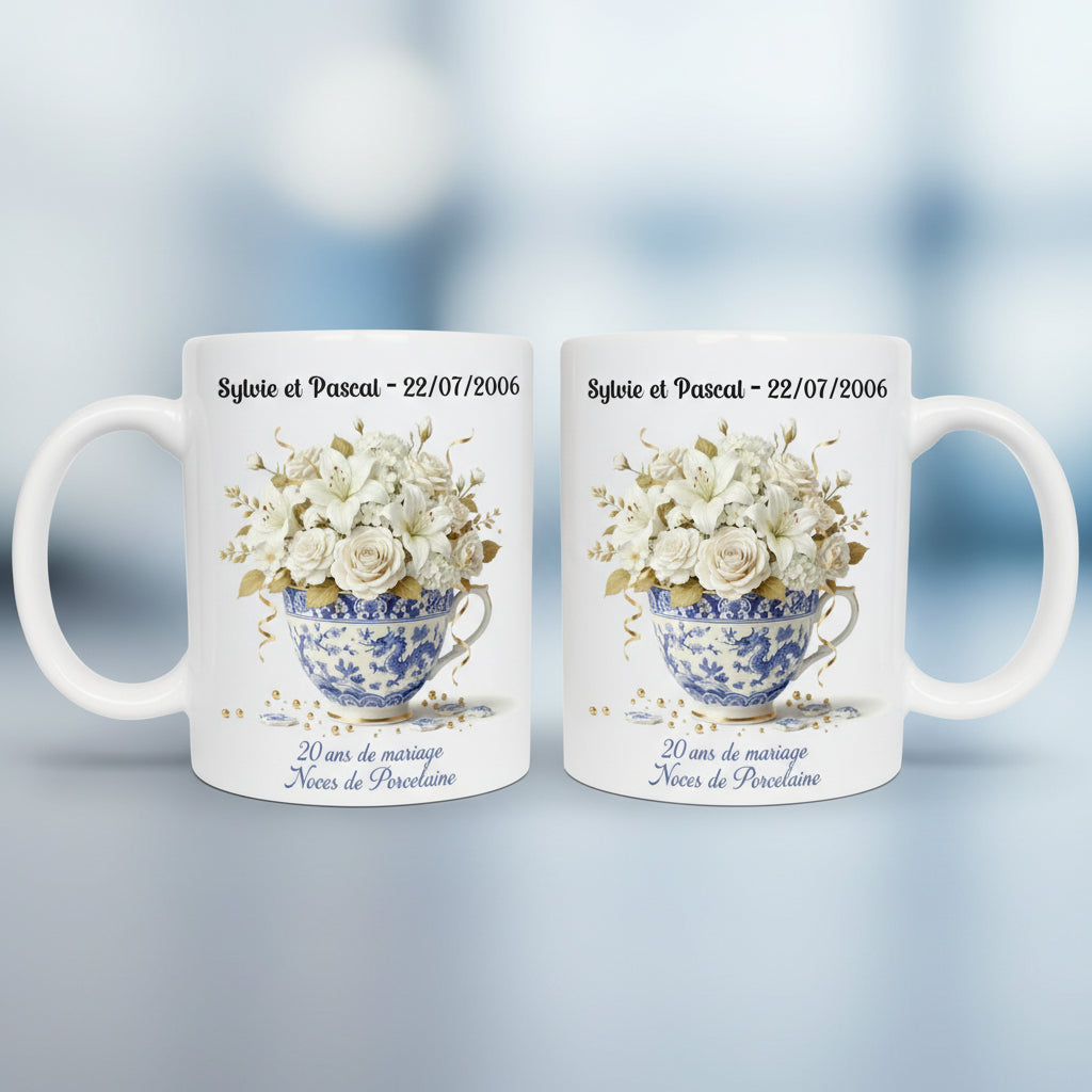 Mug noces de porcelaine personnalisé - idée cadeau anniversaire 20 ans mariage