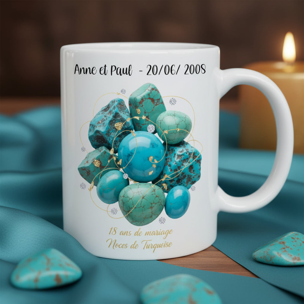 Tasse personnalisée 18 ans de mariage noces de turquoise avec prénoms - cadeau amoureux