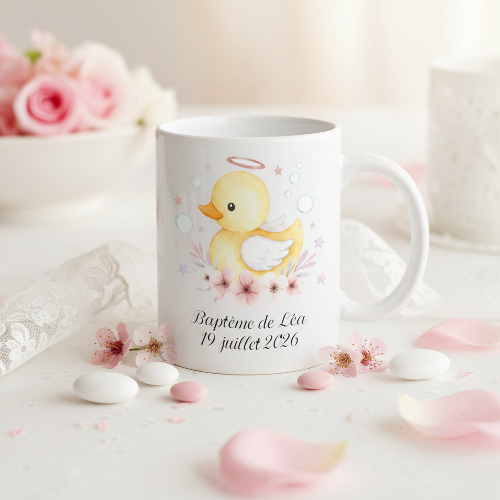Mug canard baptême personnalisé - cadeau original pour baptême