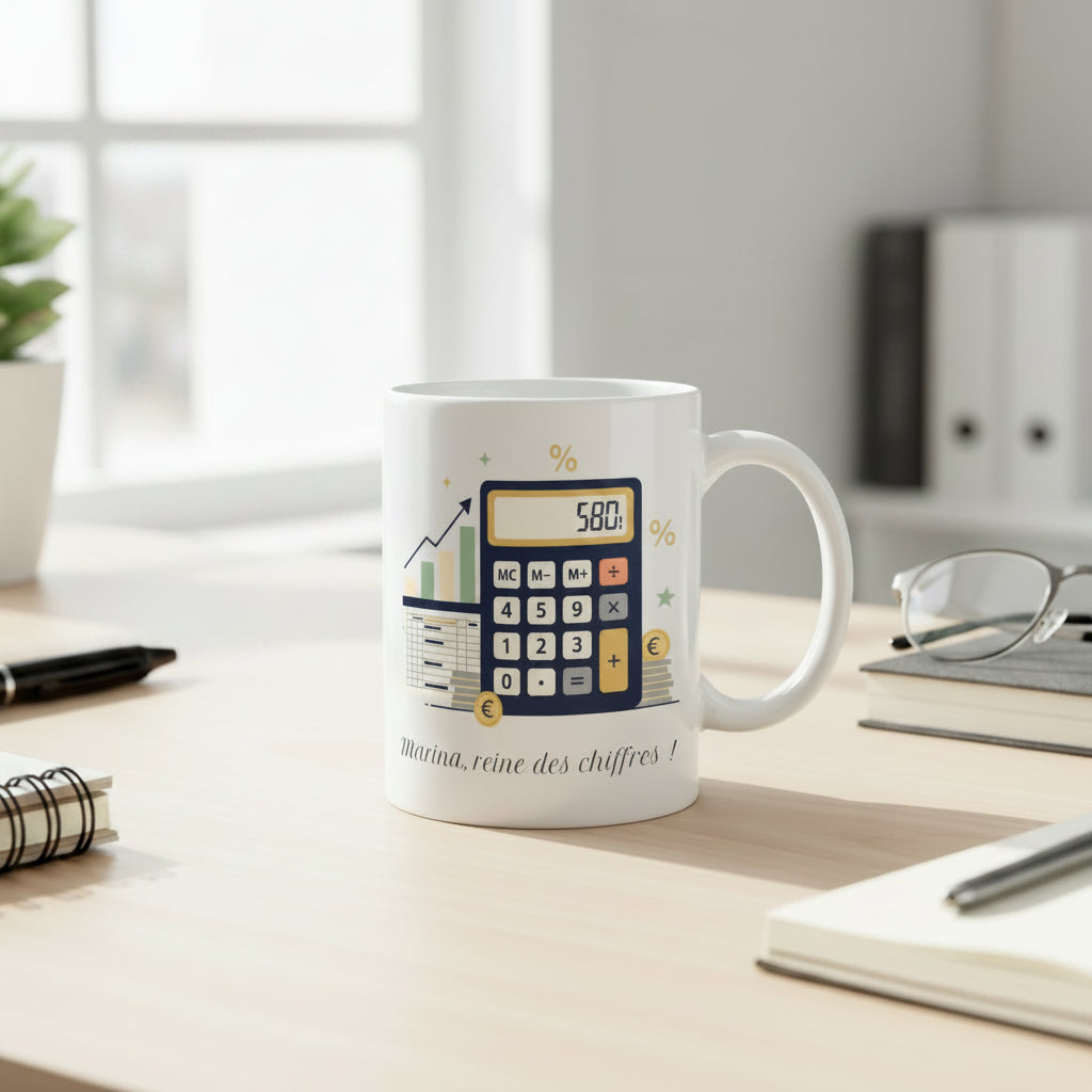 Mug personnalisé comptable calculatrice avec prénom – cadeau humour comptable reine des chiffres