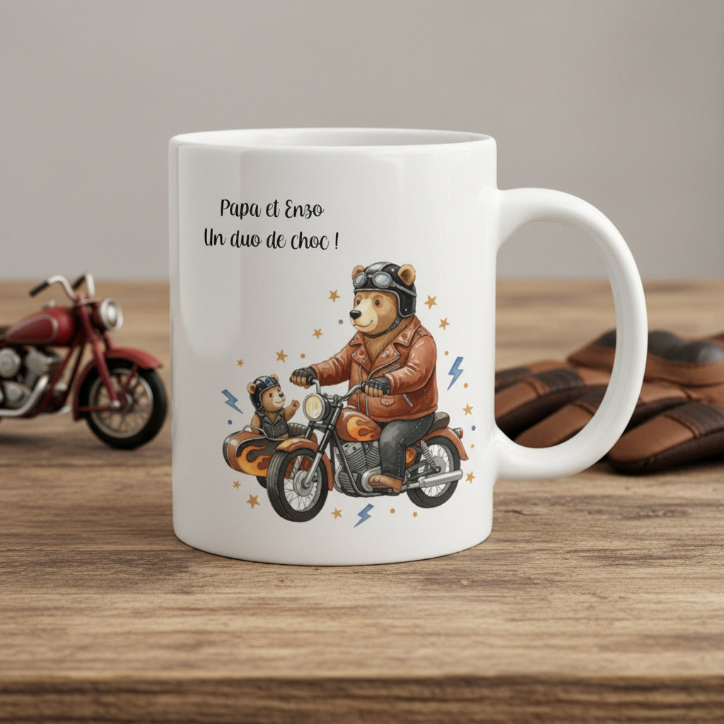 mug personnalisé céramique avec papa ours et enfant dans side-car et prénom - Cadeau anniversaire motard