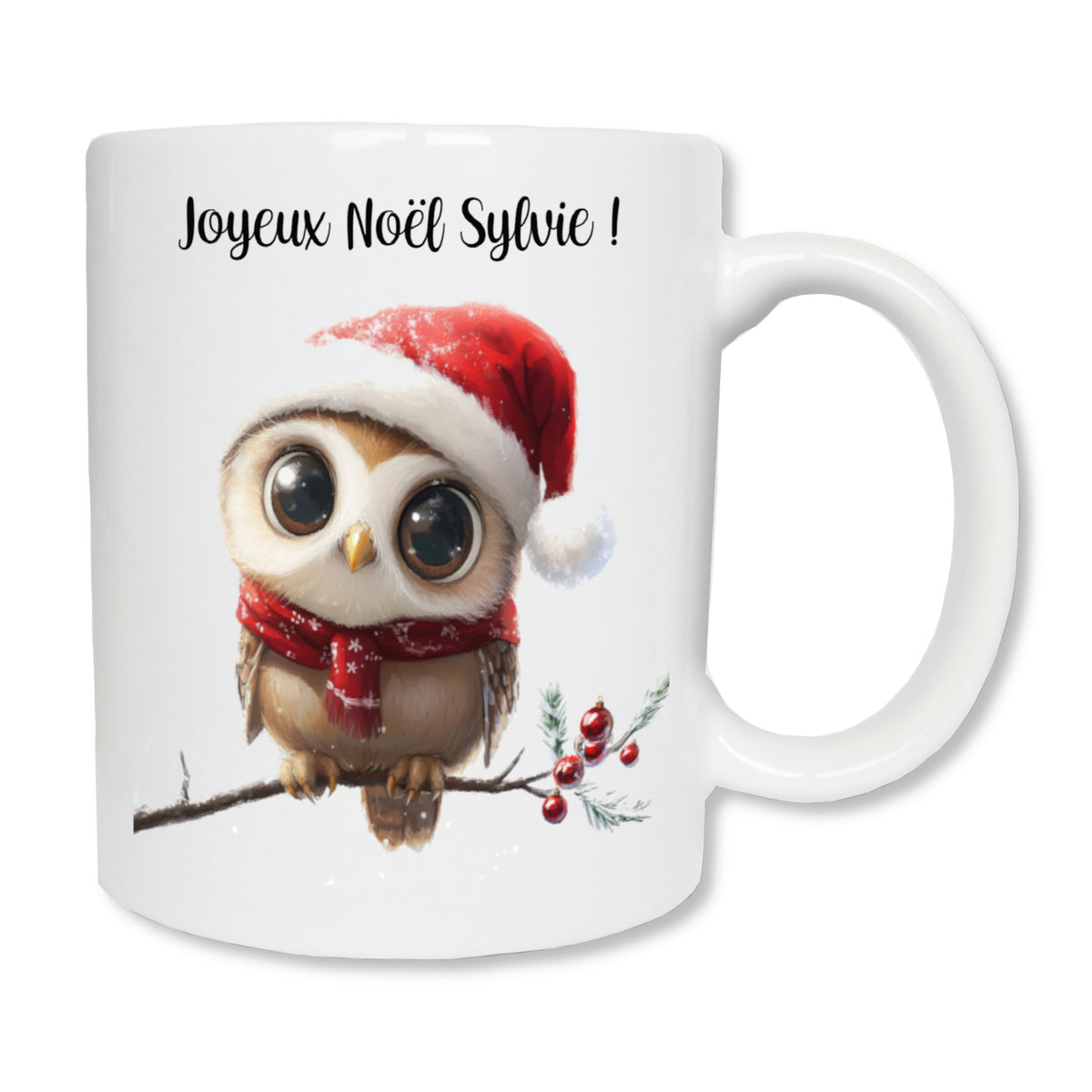 Mug blanc en céramique blanc 325 ml avec une chouette sur une branche et personnalisé avec un texte - Idée cadeau de Noël