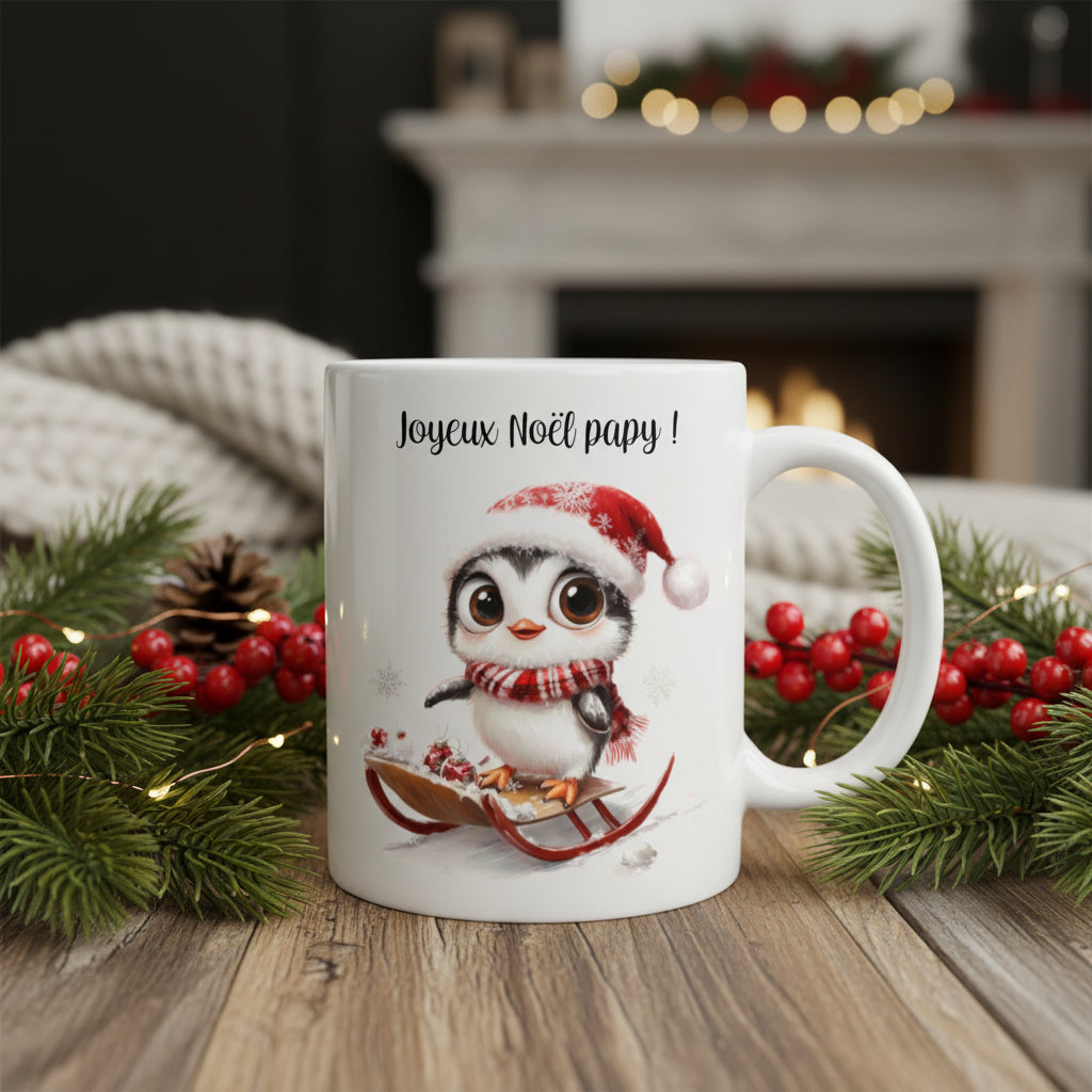 Mug Noël pingouin personnalisé avec prénom – idée cadeau fête enfant hiver