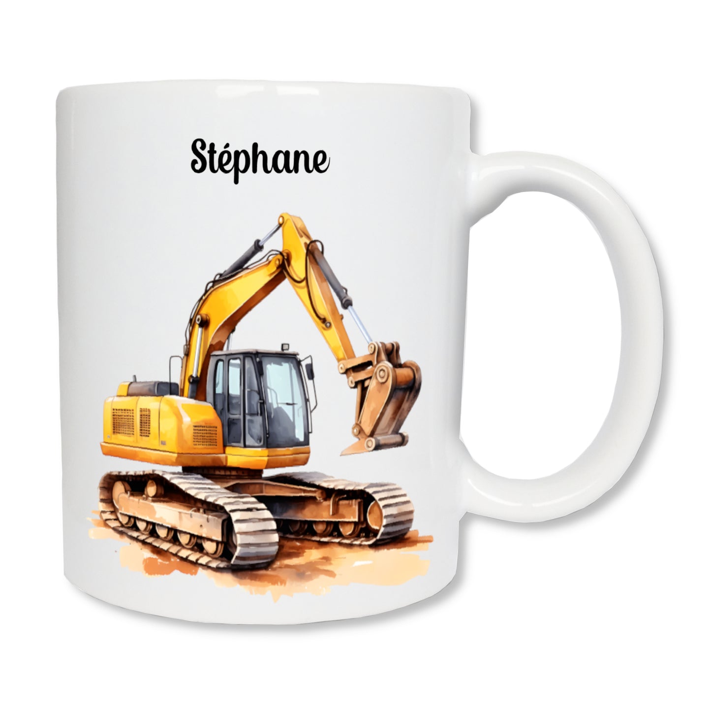Mug personnalisé blanc en céramique de 325 ml imprimé avec une tractopelle / pelleteuse jaune et un prénom Idée cadeau enfant - Fête des pères - Maçon