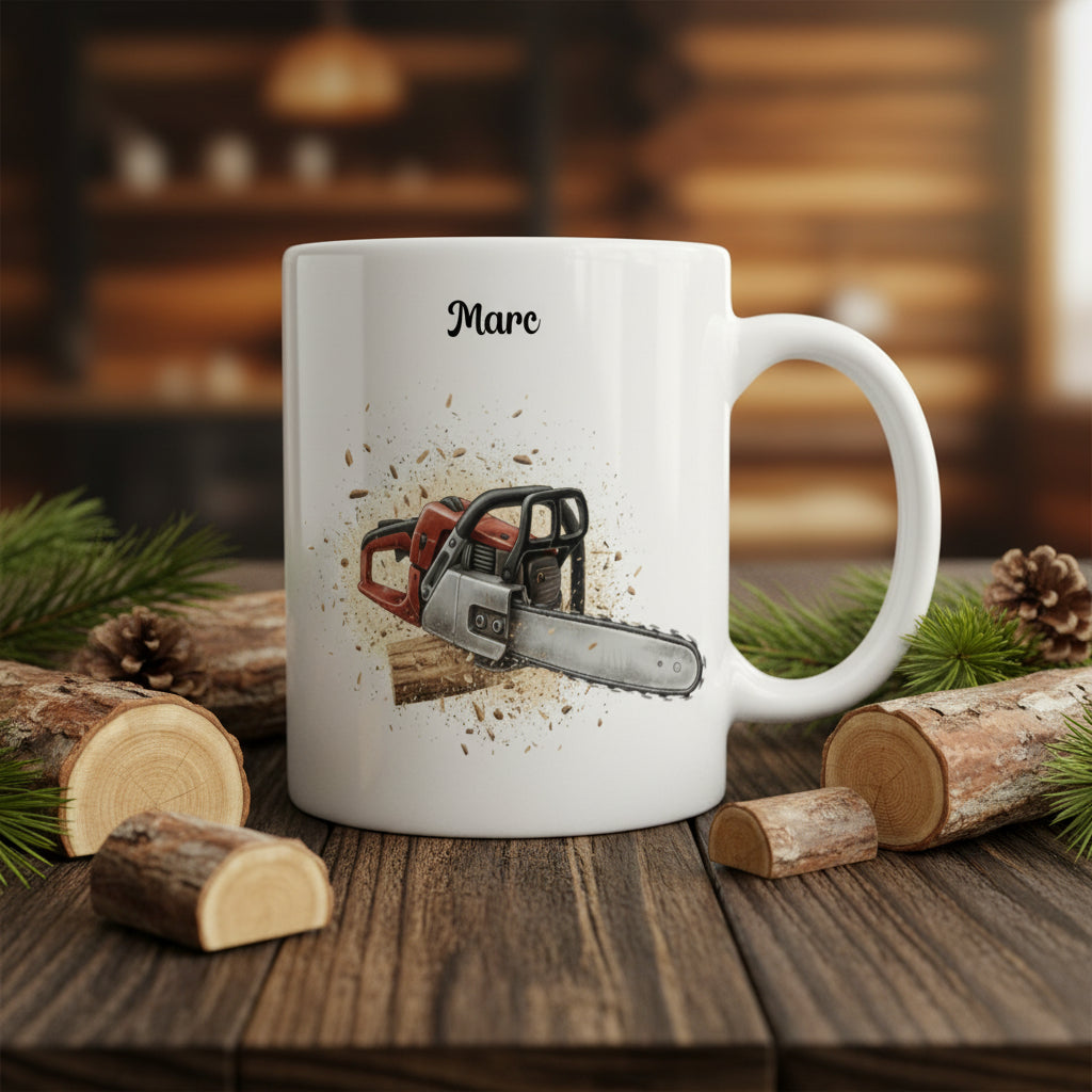 Mug personnalisé céramique 325 ml avec tronçonneuse et texte- Cadeau de Noël