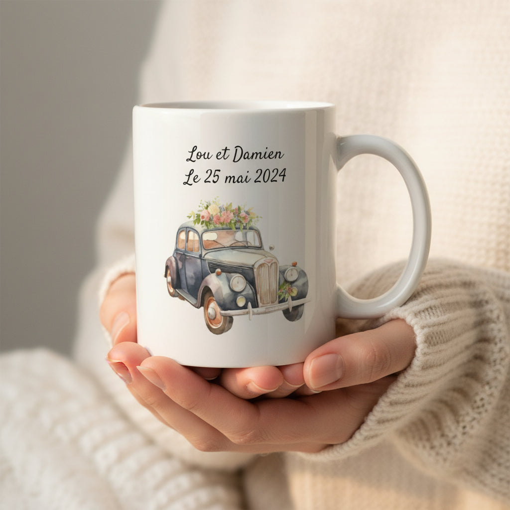 Mug mariage personnalisé voiture ancienne avec prénoms – souvenir cadeau invités mariage