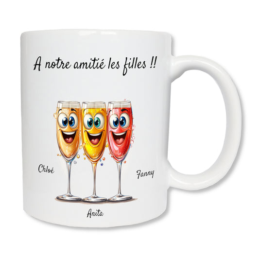 Mug blanc en céramique avec un dessin représentant trois verres à champagne colorés qui sourent