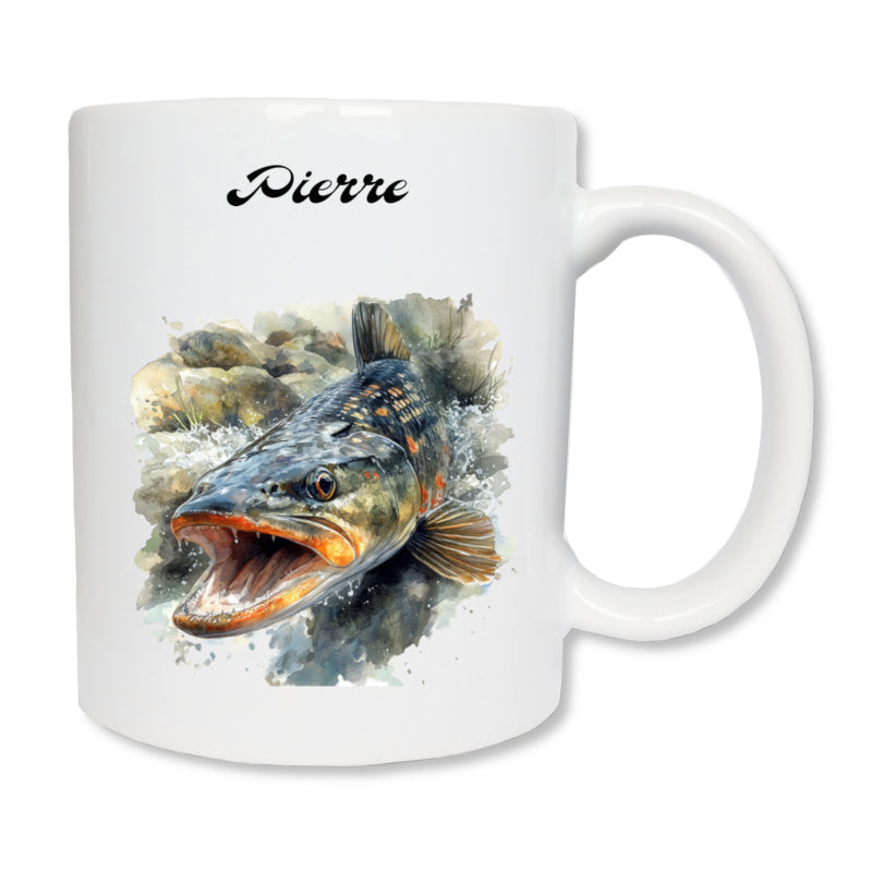 Mug en céramique blanc de 325 ml représentant un brochet et personnalisé avec un prénom. Cadeau papy pêcheur - Fête des grands-pères