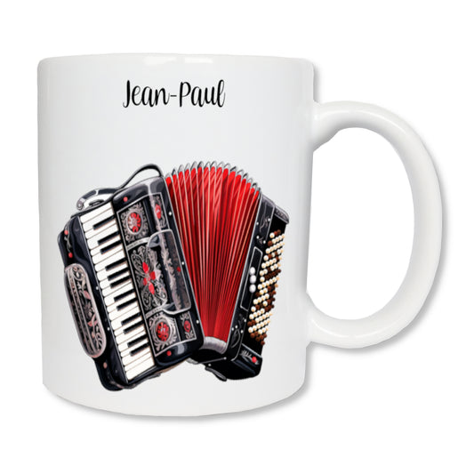 Mug personnalisé en céramique blanc représentant un accordéon rouge en noir avec le prénom de l'accordéoniste