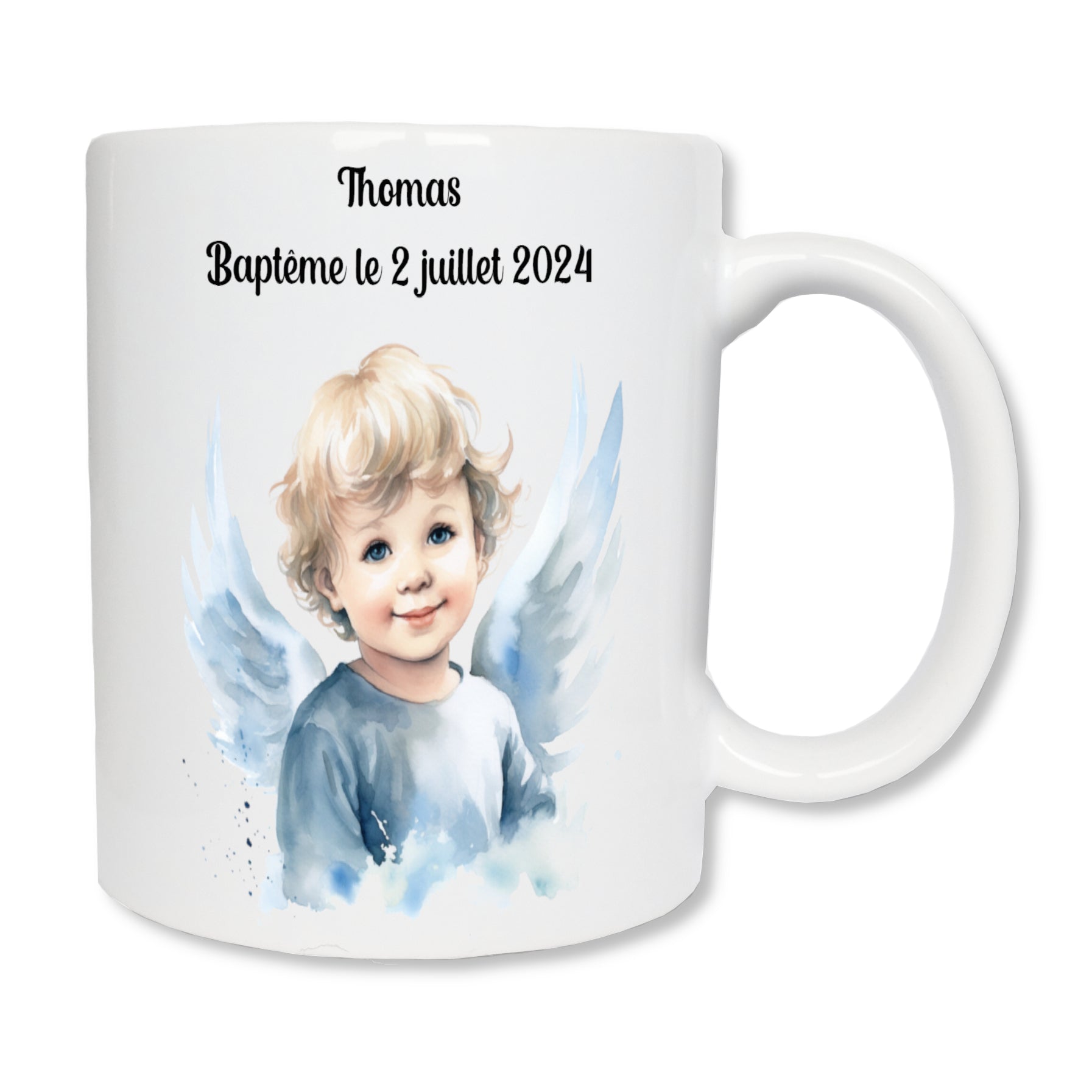 Mug blanc en céramique avec un dessin représentant le visage d'un ange avec des cheveux blonds bouclés qui sourit