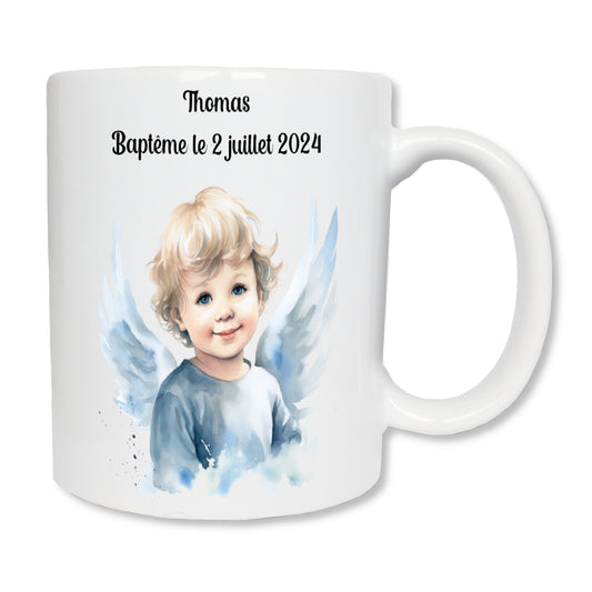 Mug blanc en céramique avec un dessin représentant le visage d'un ange avec des cheveux blonds bouclés qui sourit