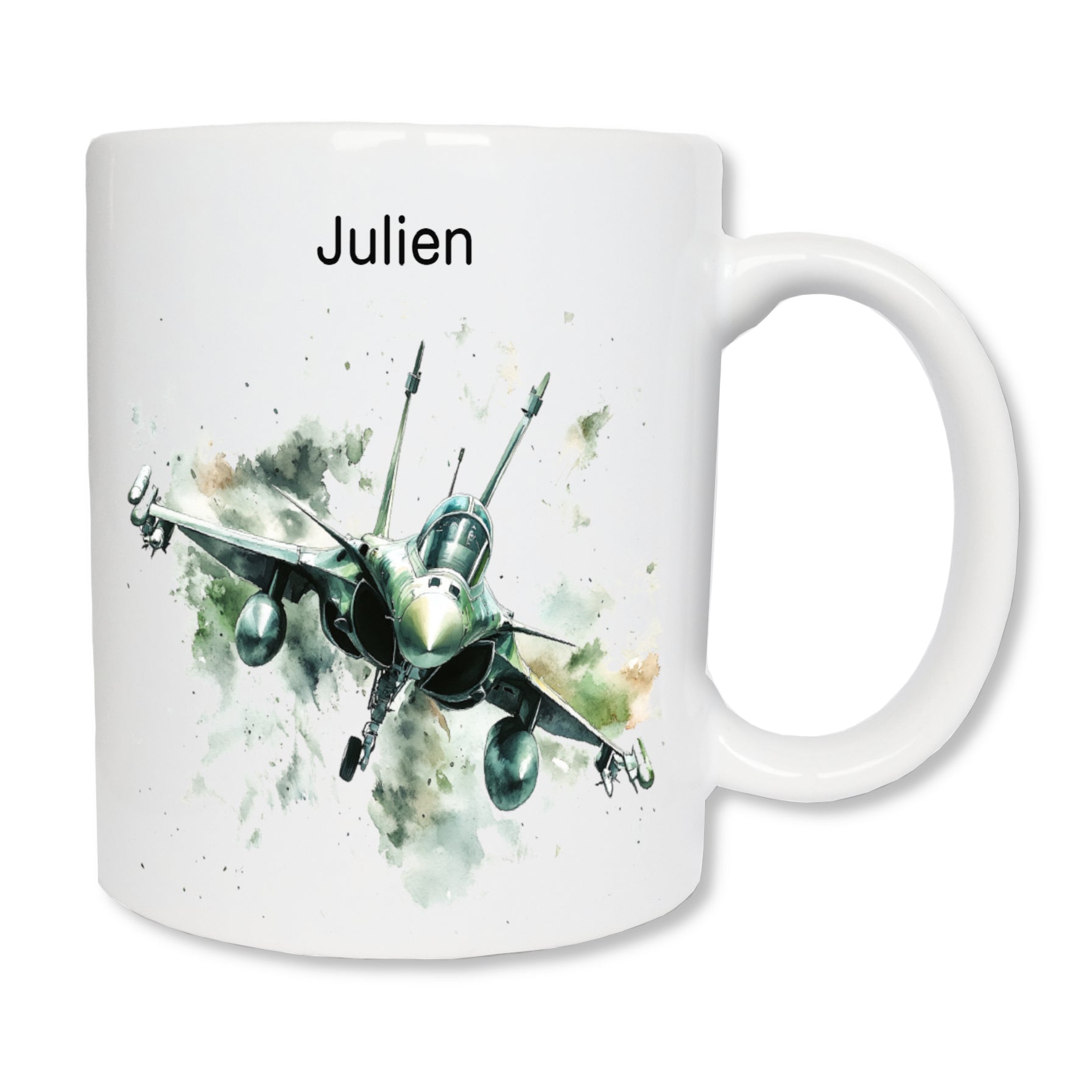 Mug blanc en céramique  de 325 ml avec un avion de chasse qui vole et personnalisé avec le prénom de votre choix. Cadeau pour pilote / militaire