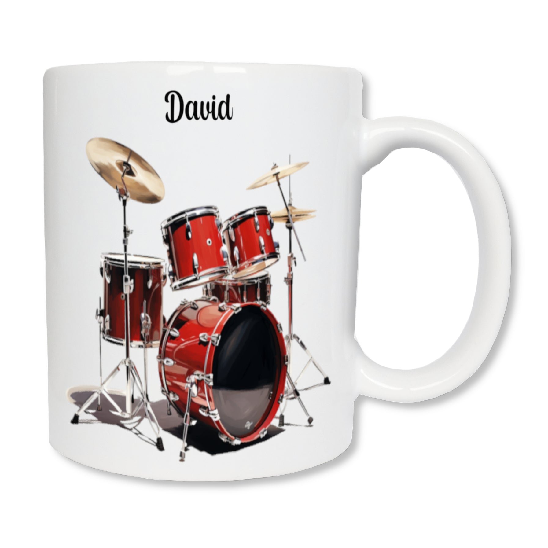 Mug personnalisé en céramique blanc affichant une batterie de musicien de couleur rouge