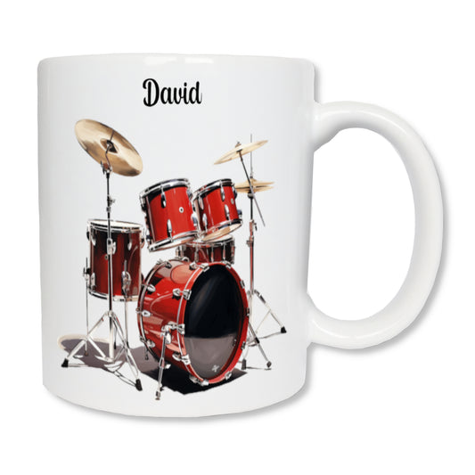Mug personnalisé en céramique blanc affichant une batterie de musicien de couleur rouge