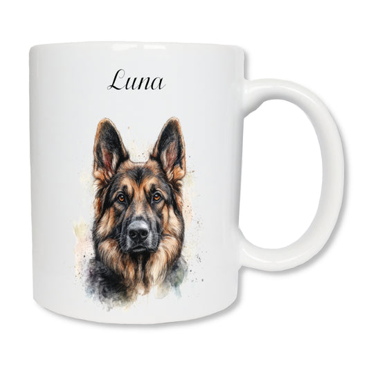 Mug blanc en céramique avec un dessin représentant la tête d'un chien berger allemand de face