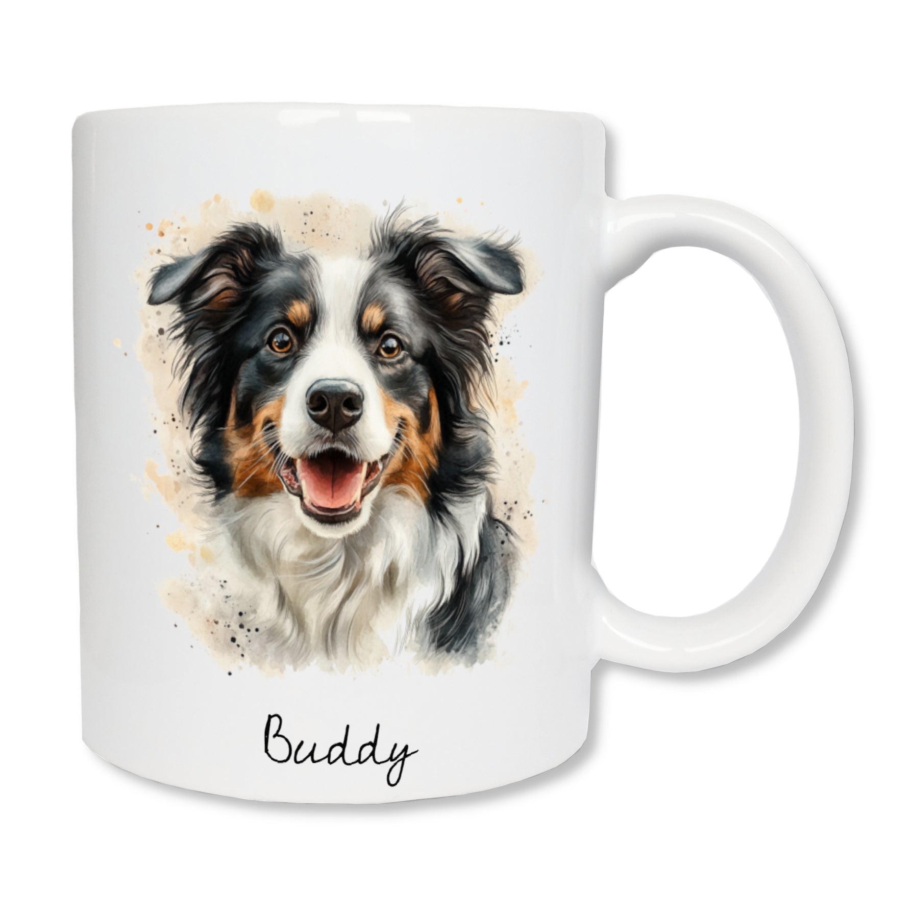 Mug blanc en céramique de 325 ml avec un dessin représentant la tête d'un chien border collie, et personnalisé avec un prénom.