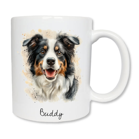 Mug blanc en céramique de 325 ml avec un dessin représentant la tête d'un chien border collie, et personnalisé avec un prénom.