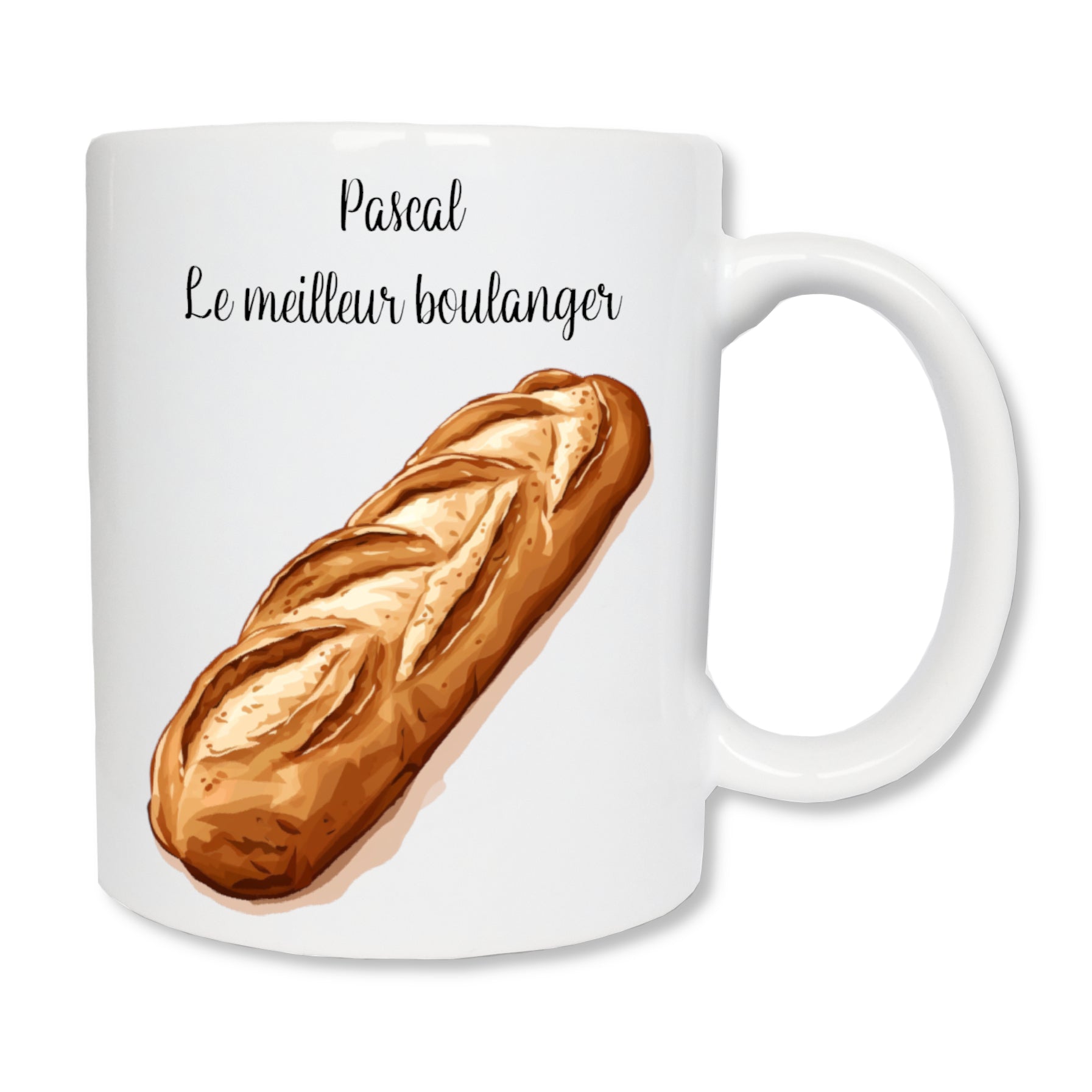 Mug personnalisé en céramique blanc affichant une grande baguette de pain.