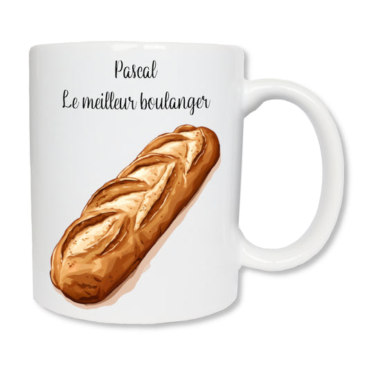 Mug personnalisé en céramique blanc affichant une grande baguette de pain.