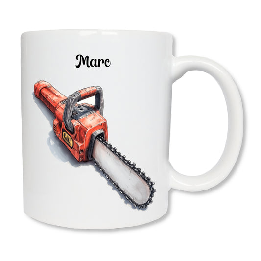 Mug blanc en céramique avec un dessin représentant une tronçonneuse rouge