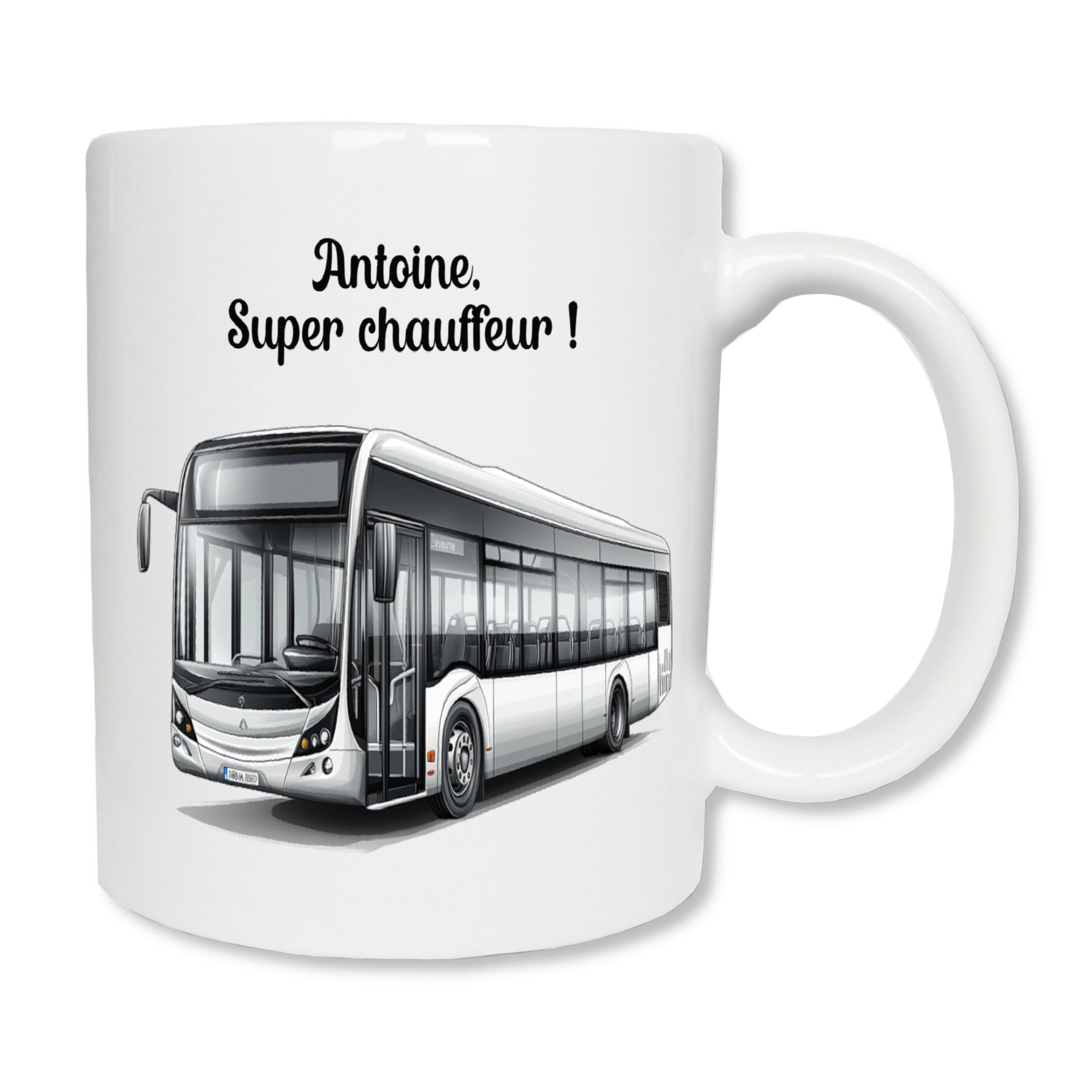 Mug blanc en céramique de 325 ml avec un bus, et personnalisé avec votre texte. Cadeau pour conducteur / conductrice de bus.