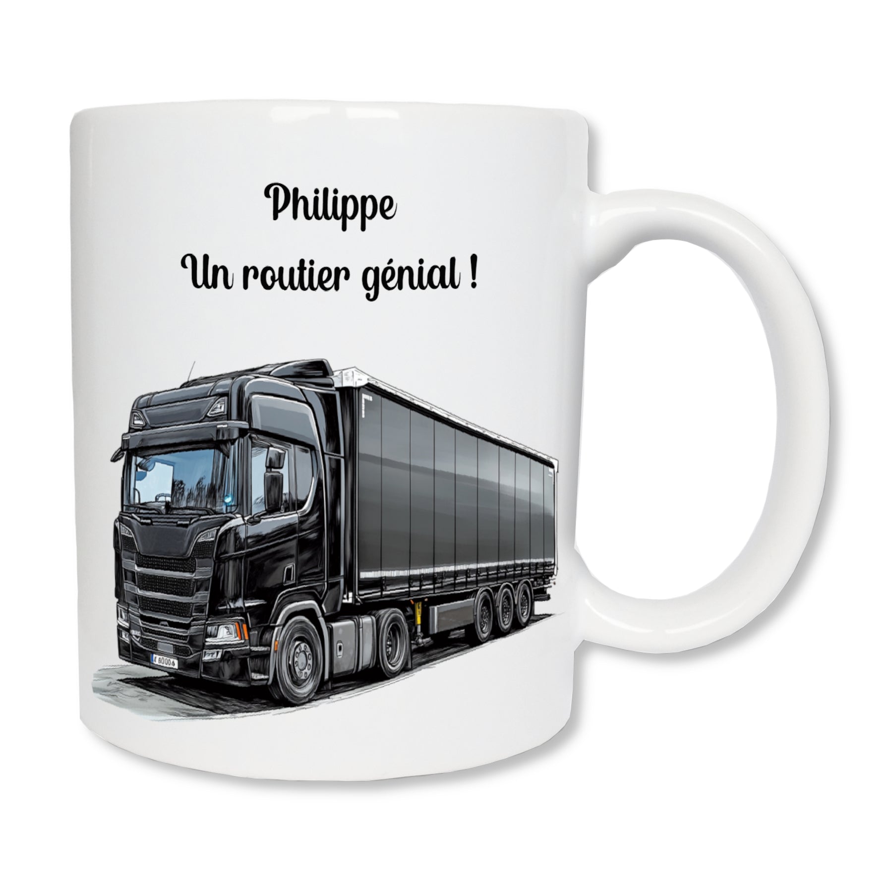 Mug blanc en céramique avec un camion routier et personnalisé avec votre message ou prénom. Cadeau pour les chauffeurs routiers.