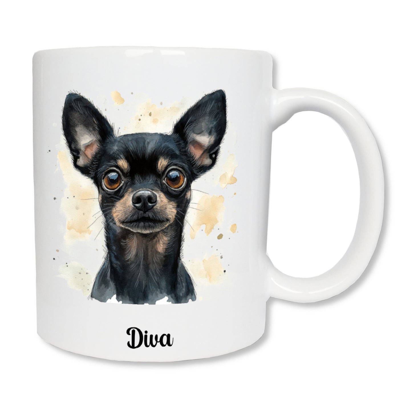 Mug blanc en céramique avec un dessin représentant la tête d'un chihuahua noir de face à poils courts